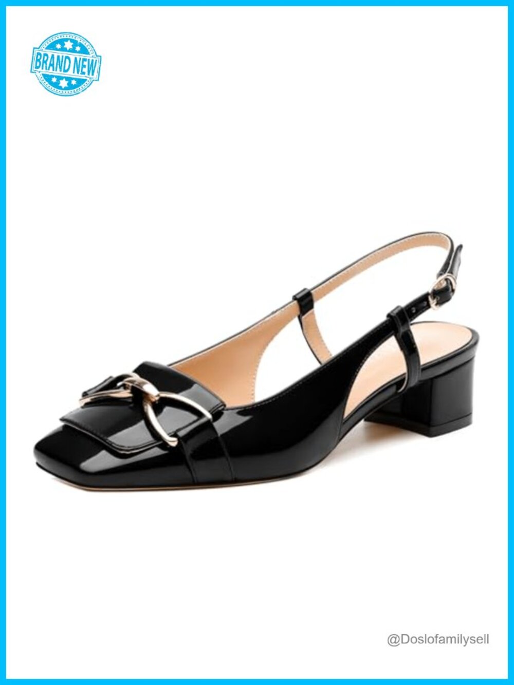 Slingback Pumps Low Chunky Heel Square Toe Ankle Buckle Dress Shoes